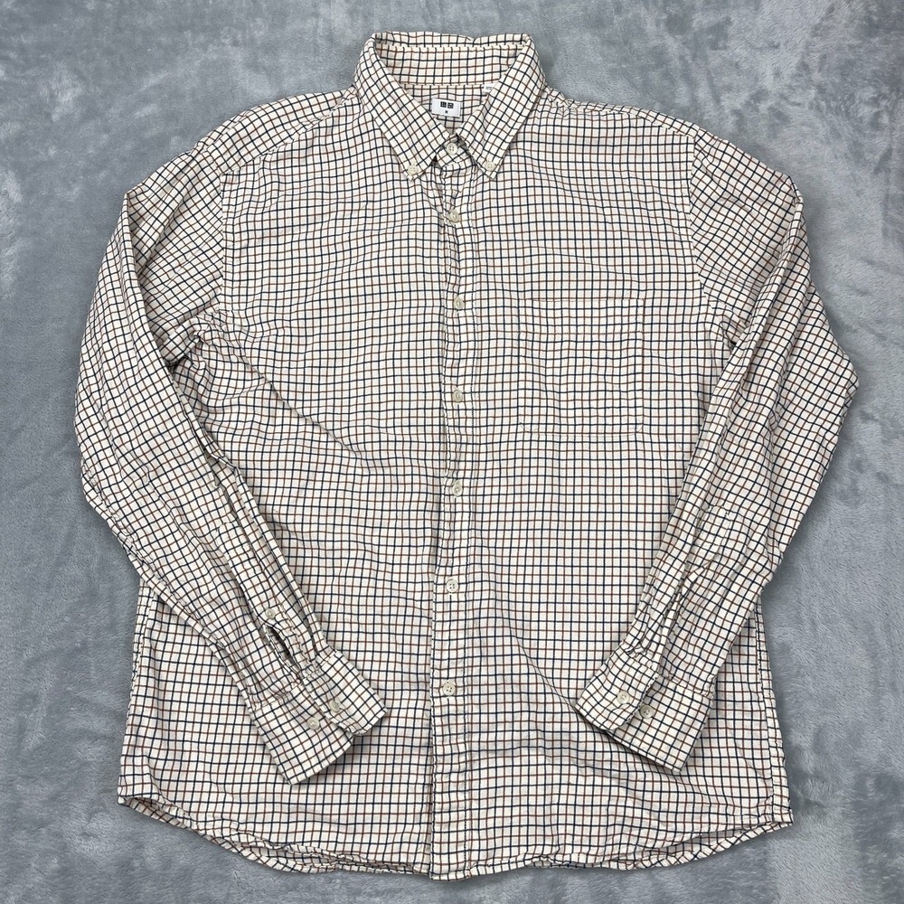 Uniqlo Flannel Shirt Mens Medium Beige Check Long Sleeve Collared‎ Button Down